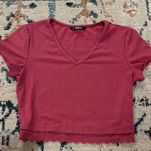 SHEIN Ribbed V-Neck Crop Top - Deep Pink